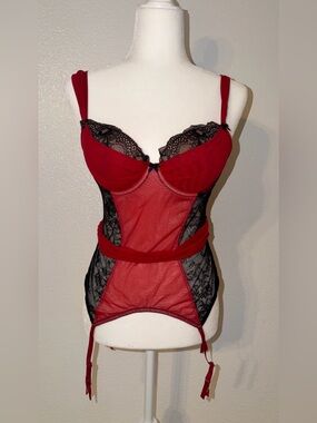 34D Red Adore Me Red Lace Corset Top Underwire Cups and Attached Garter Straps